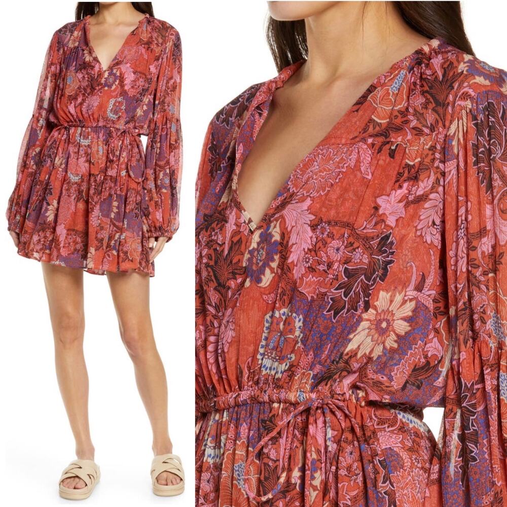 A.L.C. Elise Long Sleeve Silk Minidress in Pink/ Russet Multi, Size 0